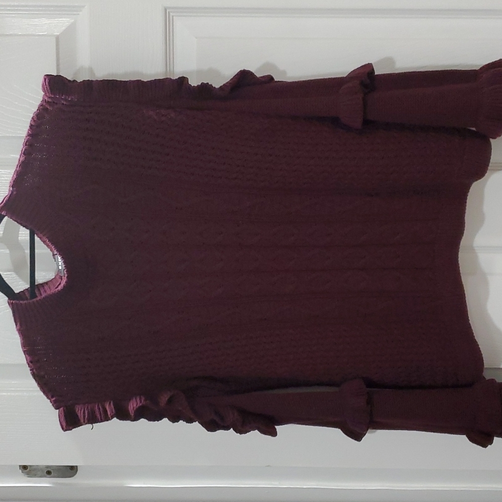EXPRESS RUFFLING COLD SHOULDER WINE SWEATER- Medium
